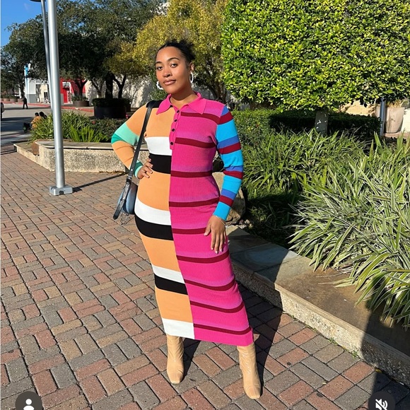 Fashion Nova Peri Colorful Button Up Striped Knit Long Sleeve Maxi Dress Sz 1XL - Picture 13 of 17